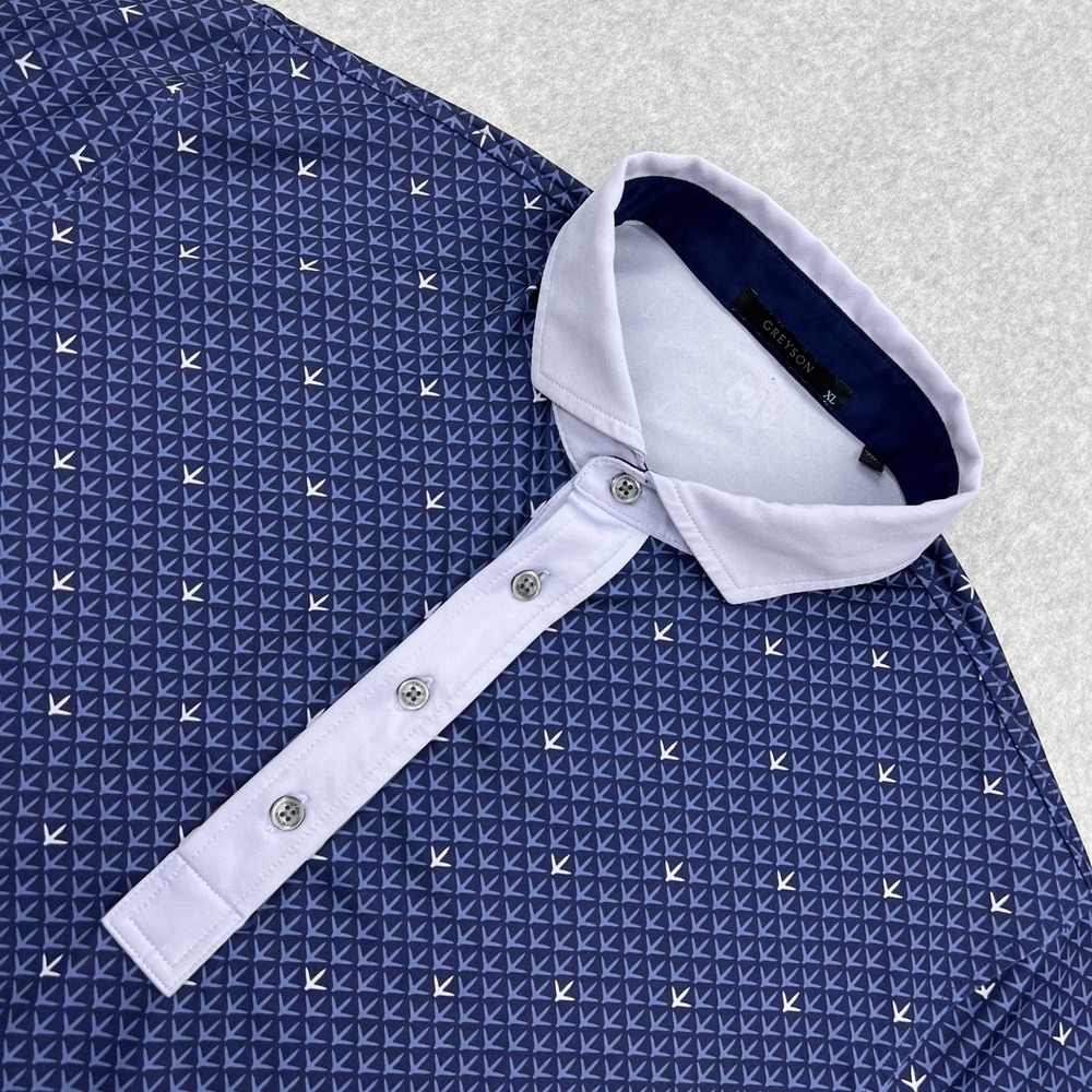 Greyson Polo Mens XL Blue Geometric Crane Bird Print Stretch Performance Shirt